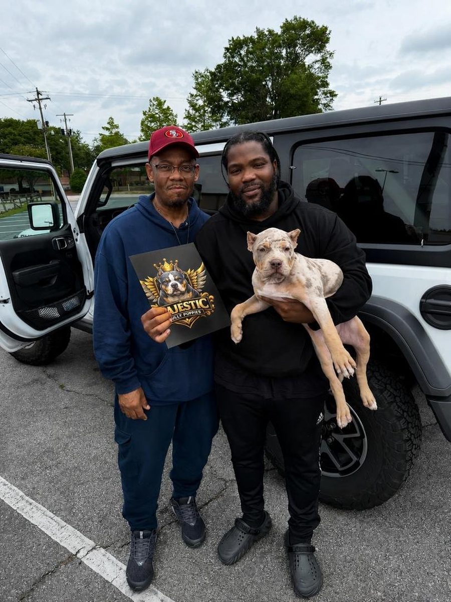 Two new owners with their lilac merle American Bully puppy on collection day